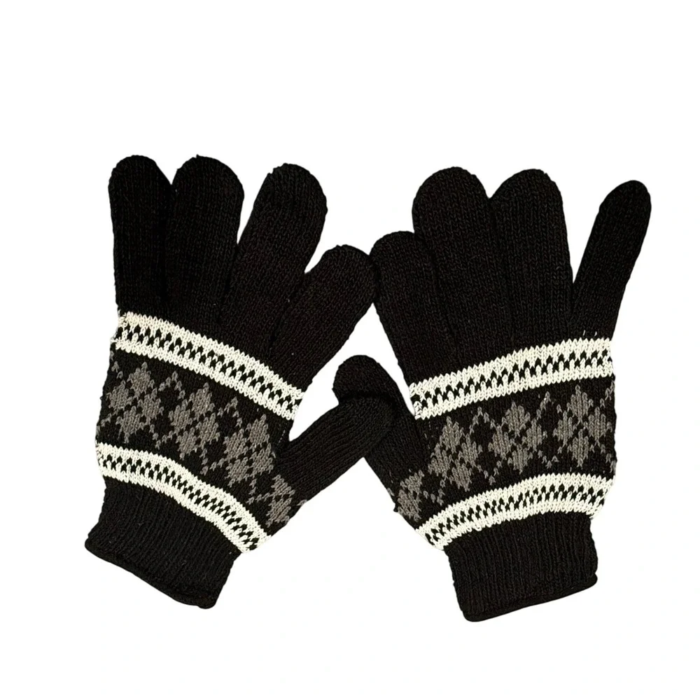 Womens Black Fair Isle Argyle Knit Gloves Warm Winter Lightweight M Cozycore